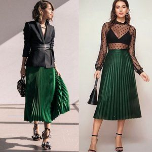 NEW Mango MNG Satin Effect  High Waisted Pleated Midi Skirt